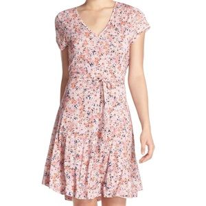 FRENCH CONNECTION Bacongo Daisy Print V-Neck Fit-n-Flare Jersey Dress Pink Multi